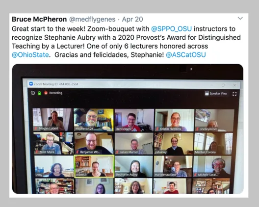 Provost McPheron's Photo of Surpising Dr. Aubry on Zoom